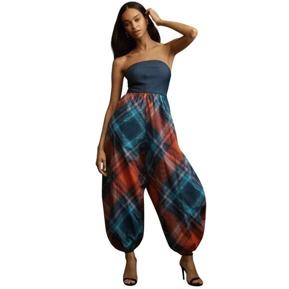 Maeve Pants - Anthropologie Maeve Gathered Balloon Jumpsuit Pockets Sz M Plaid Quirky Fun